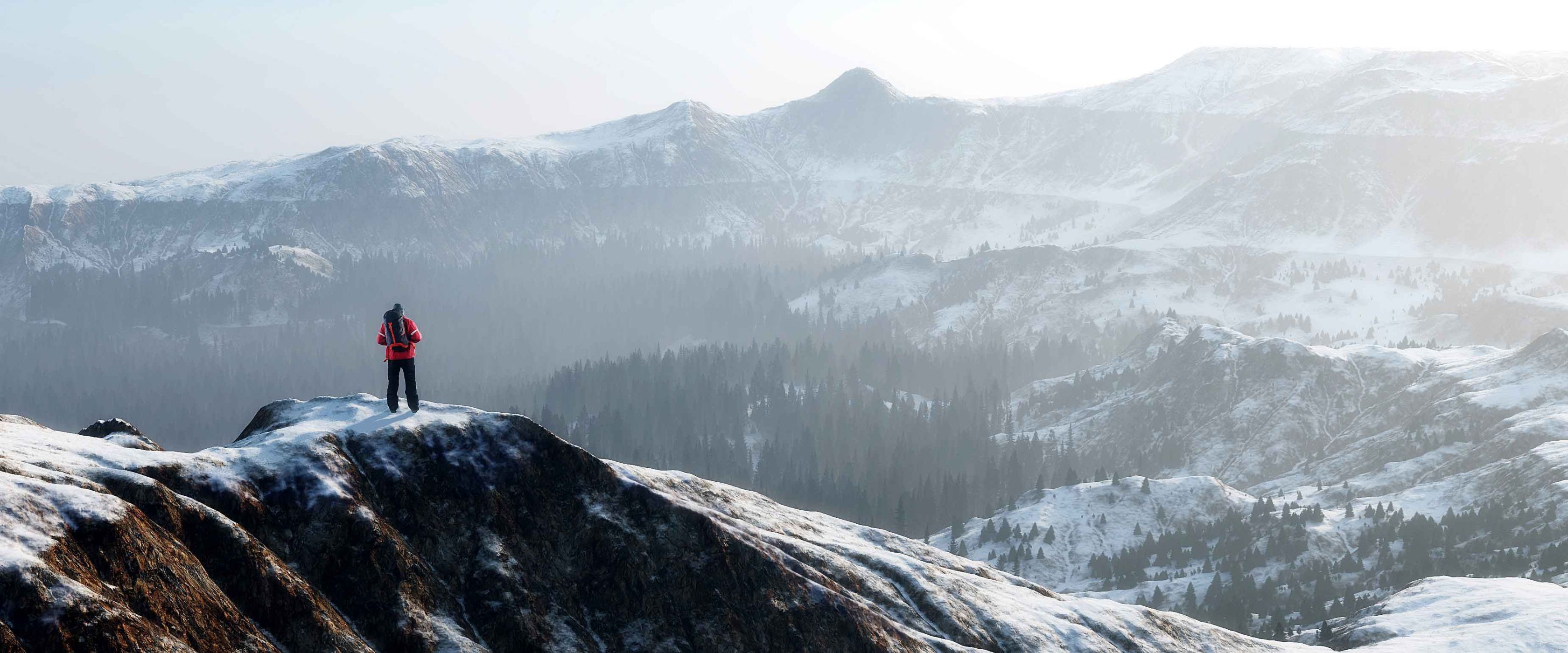 Man standing on top snow capped mountain