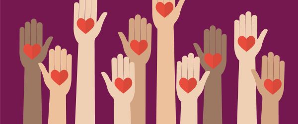 Hands in front of purple background