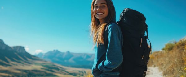 Smiling travel therapist on a mountain trail with backpack