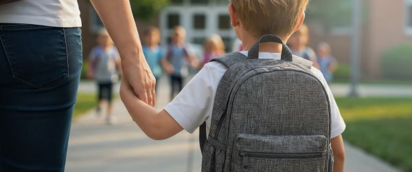 kid walking to school with parent