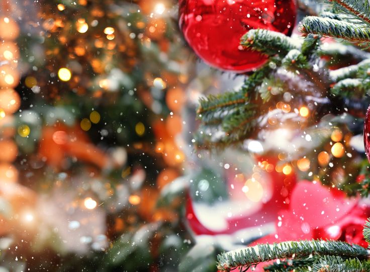 Red ornaments on christmas tree