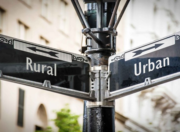 Street sign with both Urban and Rural directions