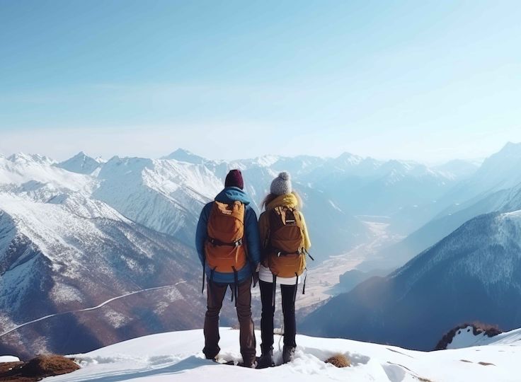 Two people standing on snow capped mountain