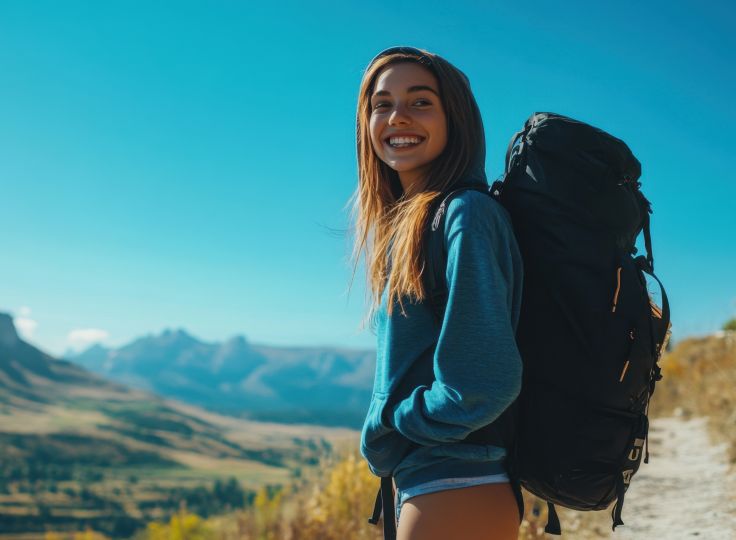 Smiling travel therapist on a mountain trail with backpack