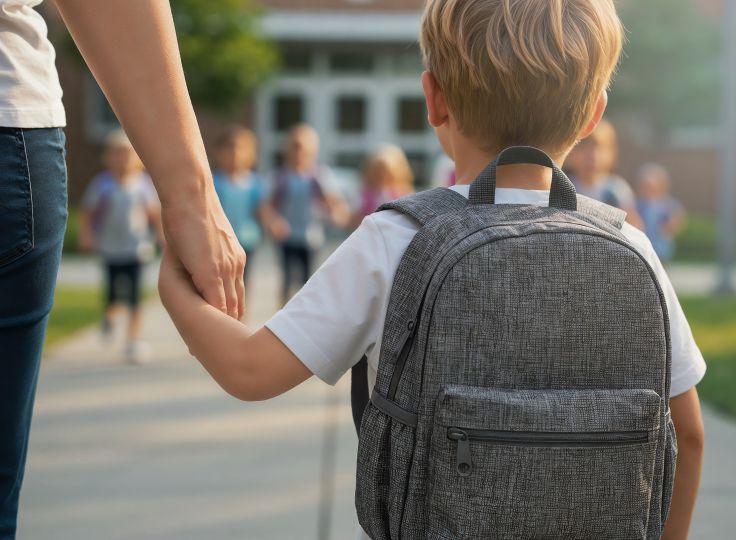 kid walking to school with parent 
