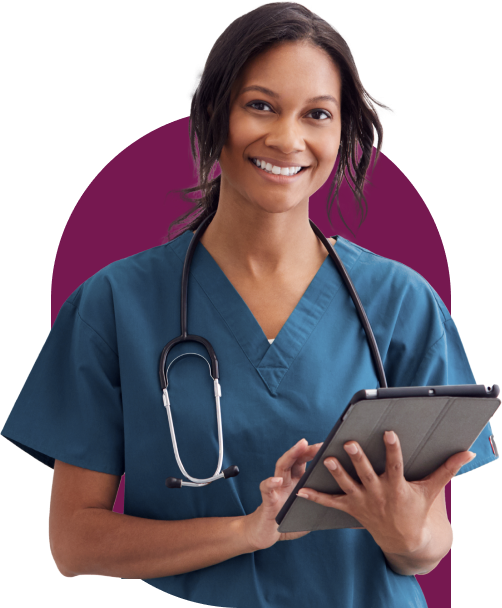 A FlexCare clinician smiles as they search for a new job assignment