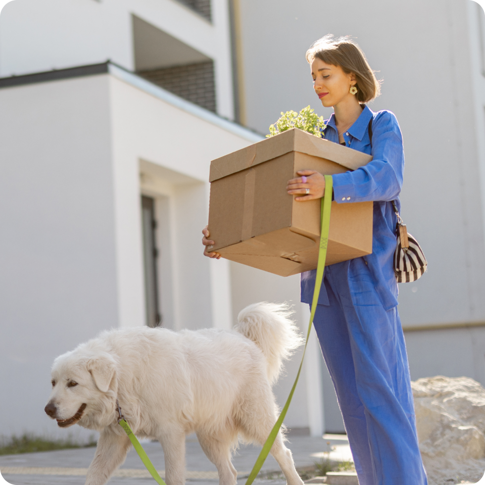 A clinician carries a box while her leashed dog walks along side