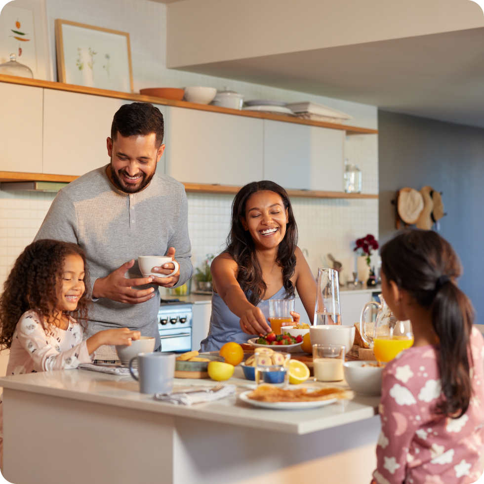 A family enjoys breakfast