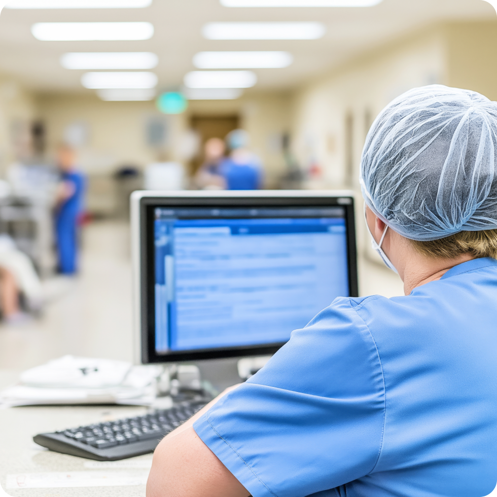 A clinician looks at a patient information on a computer