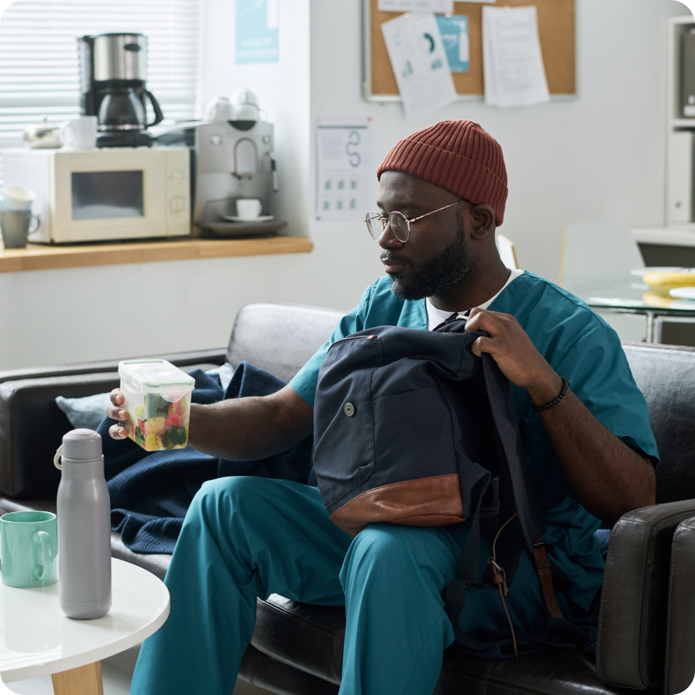 A clinician preparing to enjoy some snacks