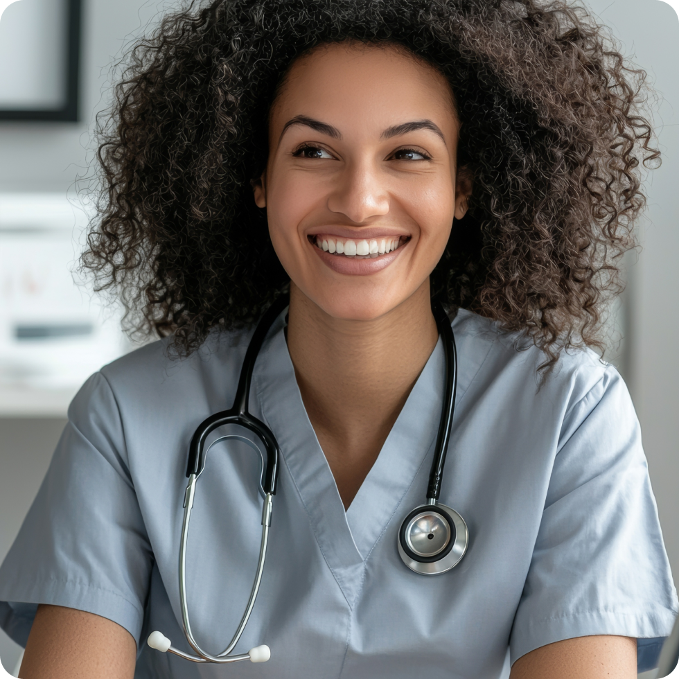 A smiling travel allied Clinician
