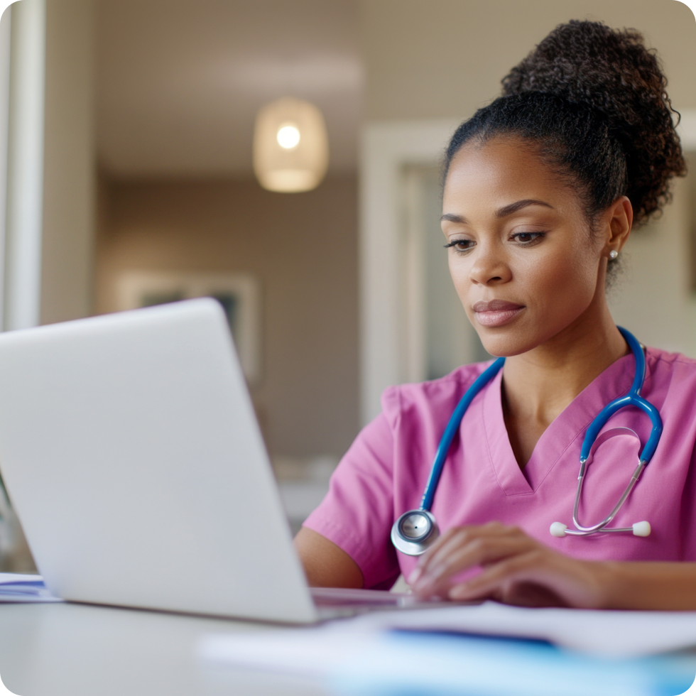A travel nurse uses her laptop. to search for a job with FlexCare