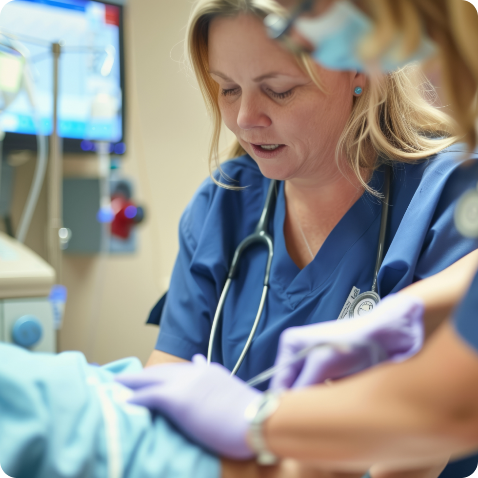A travel nurse assists with urgent patient care