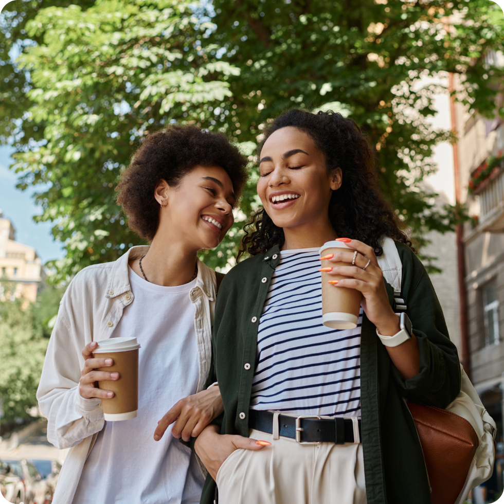A clinician and friend enjoy a walk and coffee
