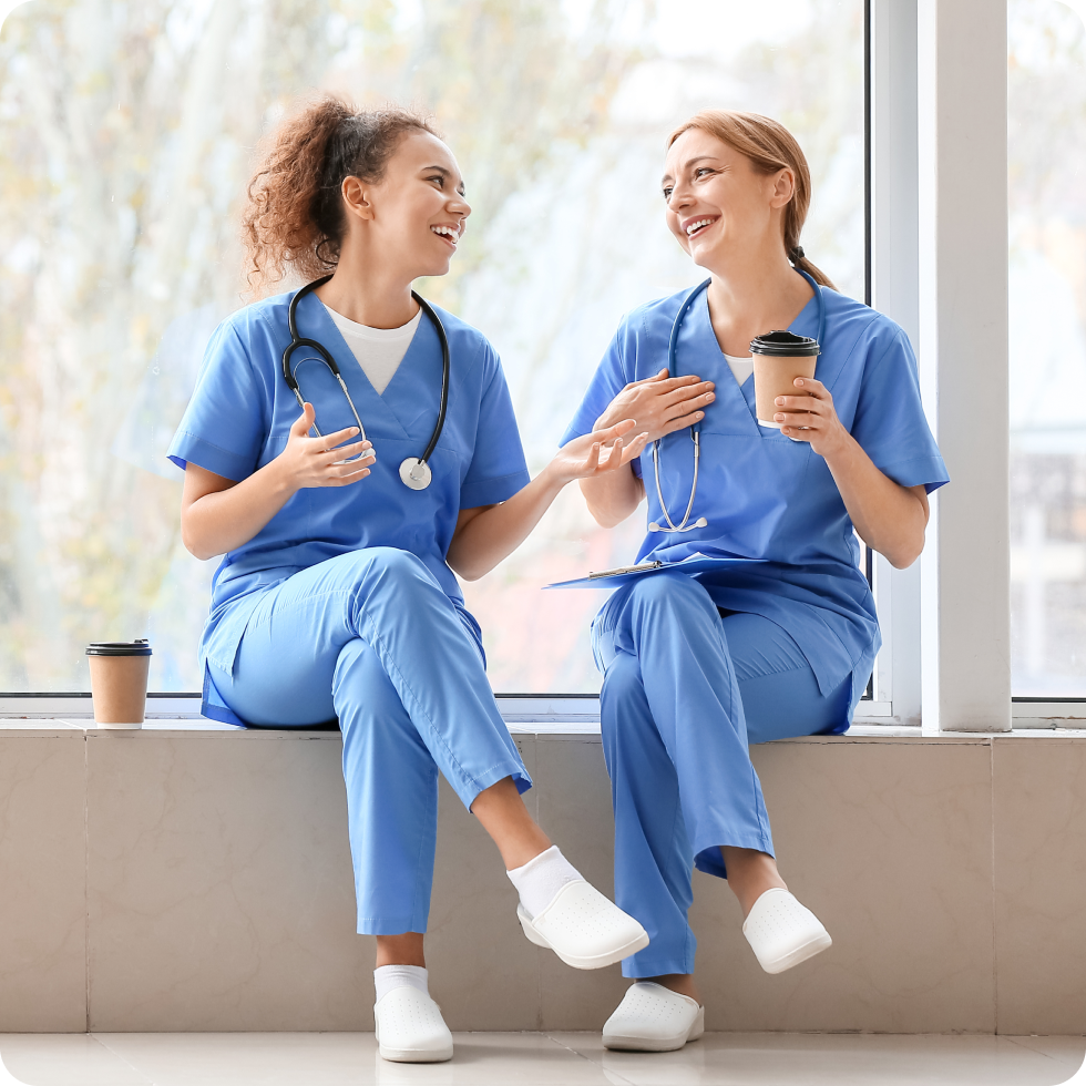 Two clinicians enjoy a break