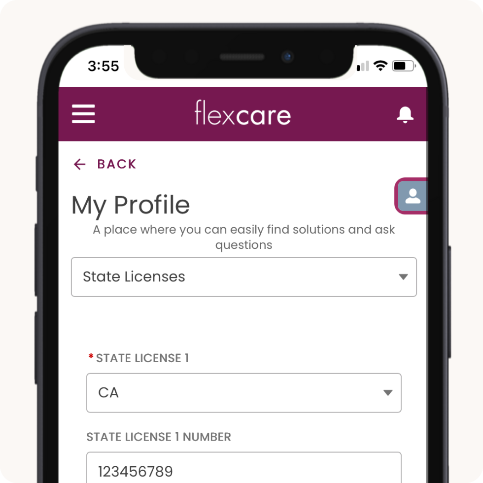 A screen shot of the Flexcare application