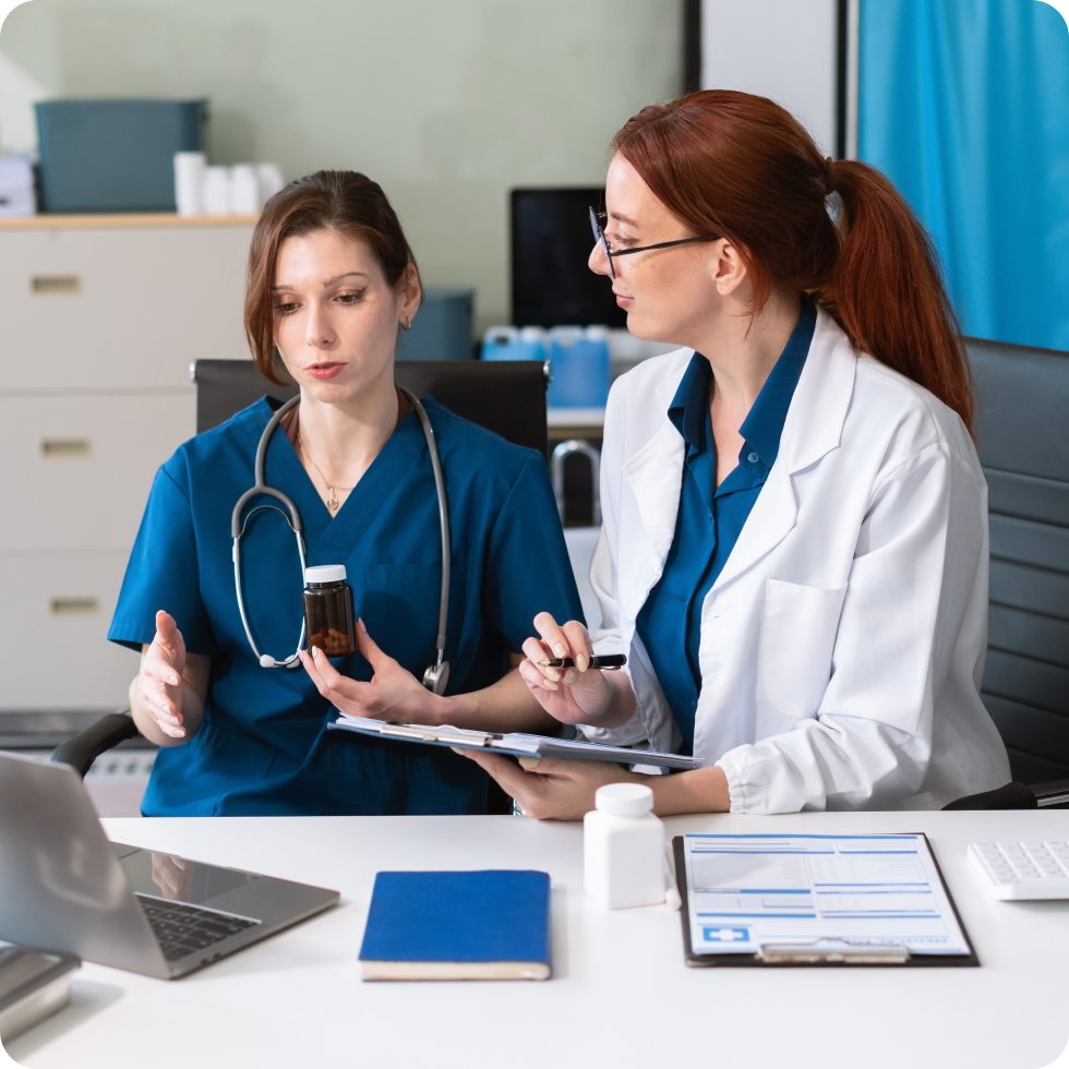 Two clinicians in a discussion