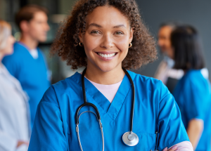 A clinician smiles